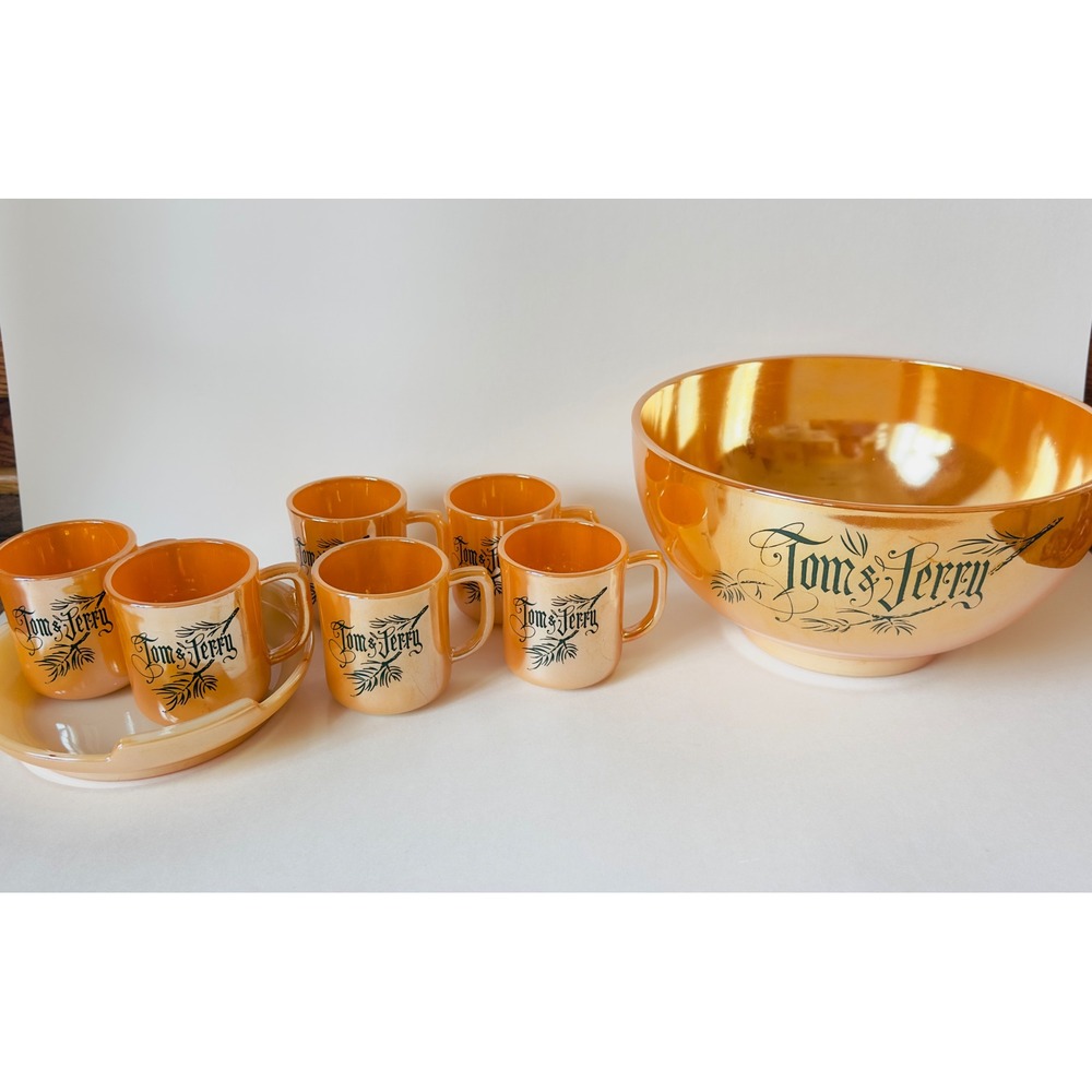 Vintage Anchor Hocking Fire-King Peach Lustre Tom & Jerry Punch Bowl 6 Mugs Set